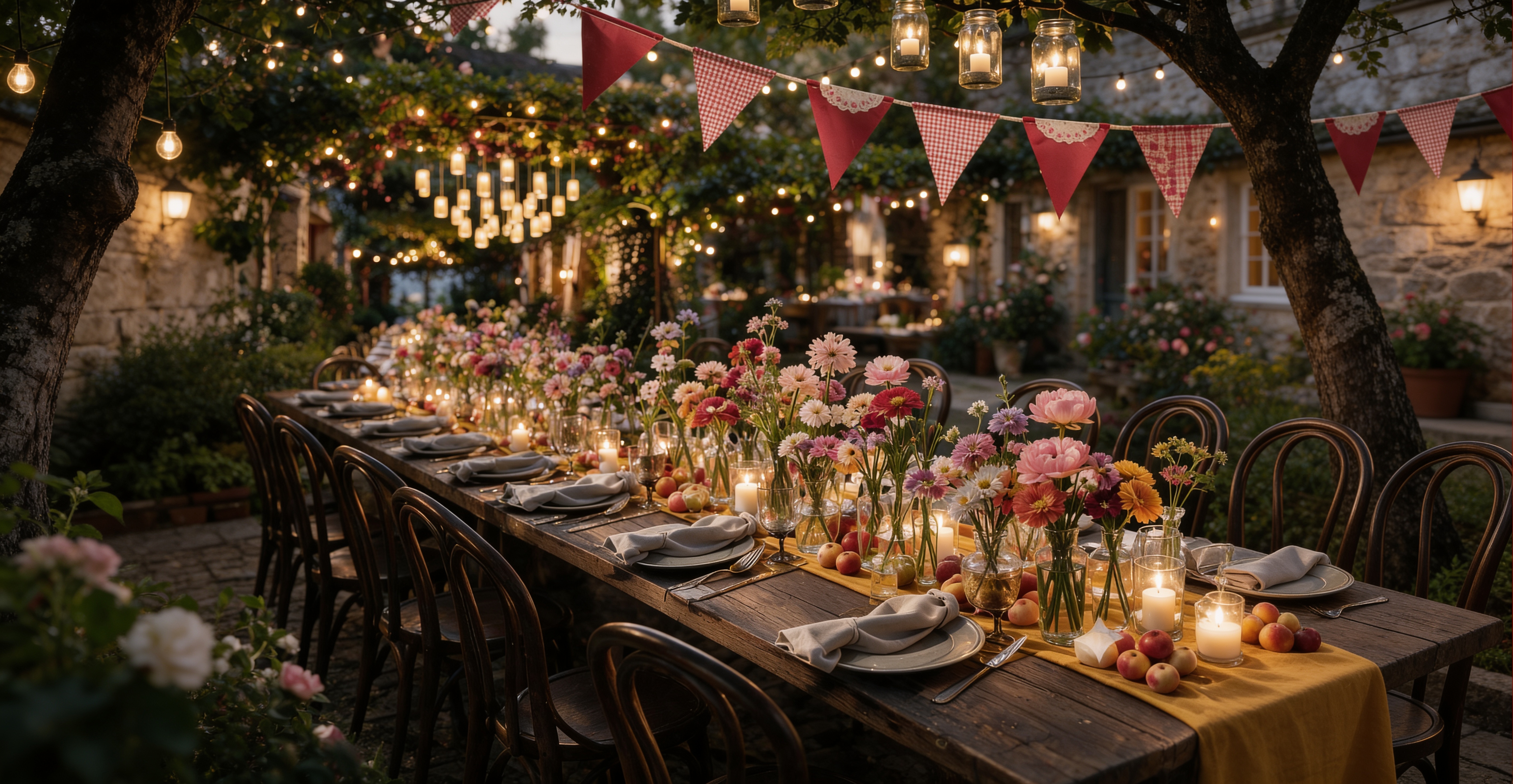 A candlelit French village gala table under garden lights